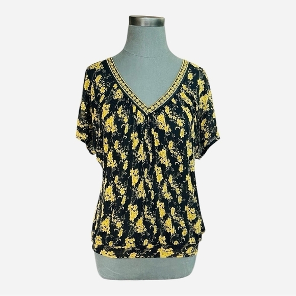 Women Blouse FREE PEOPLE Navy Blue Yellow Floral Weightless Shirt Loose Fit Top - Picture 2 of 6